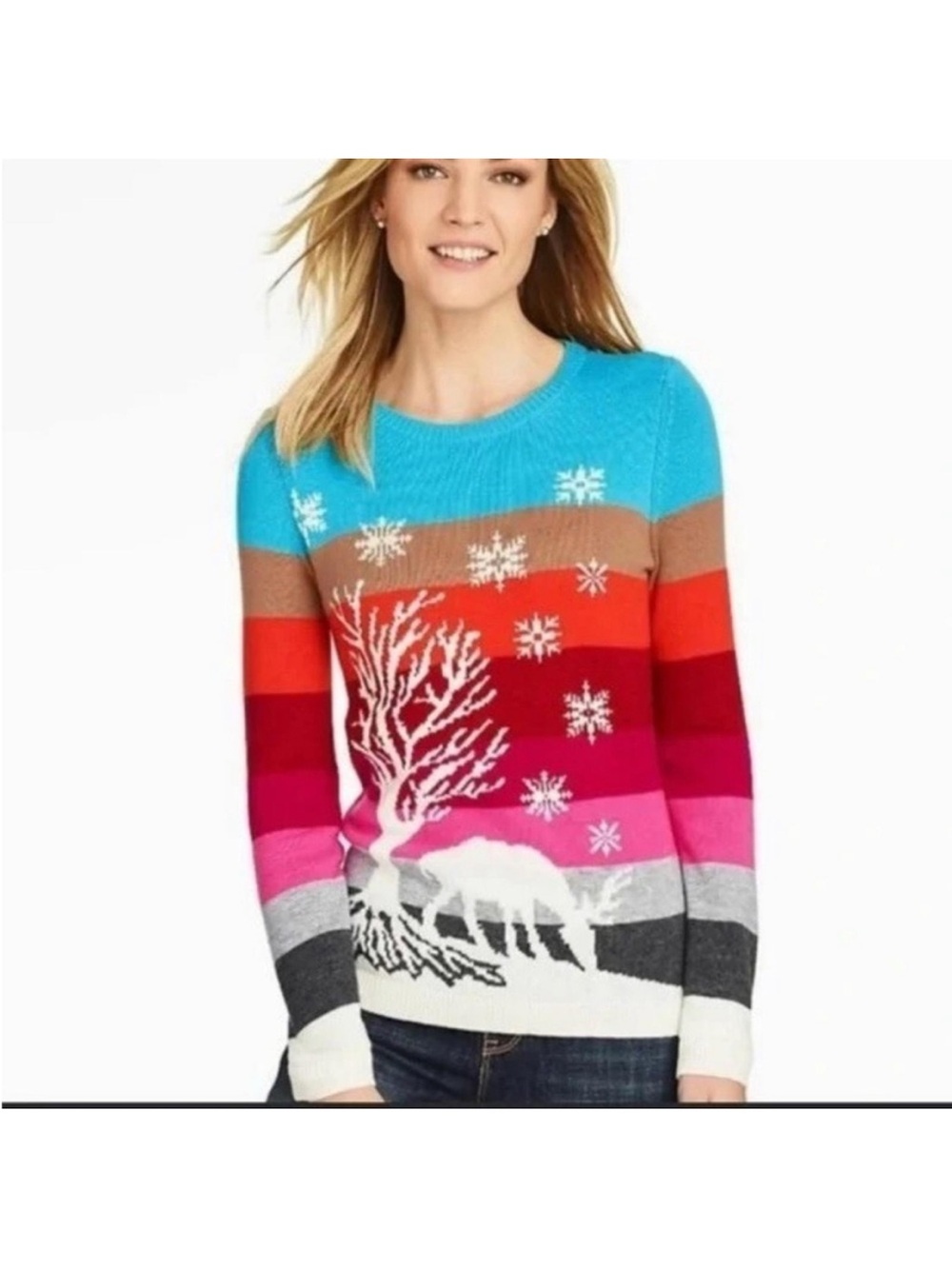 Talbots striped winter scene wool blend crewneck sweater womens XS